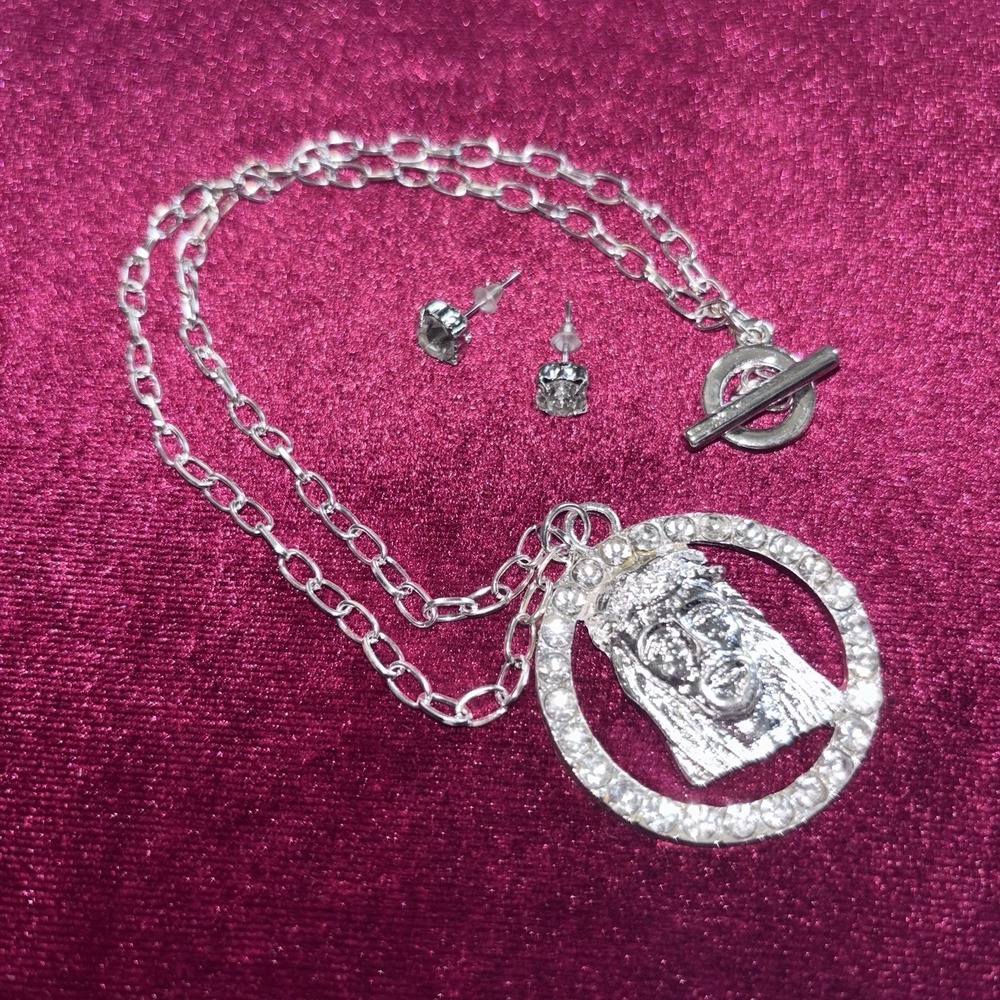 NEW JESUS Full Face Circle Rhinestones Silver Tone 18" Chain Set Earrings